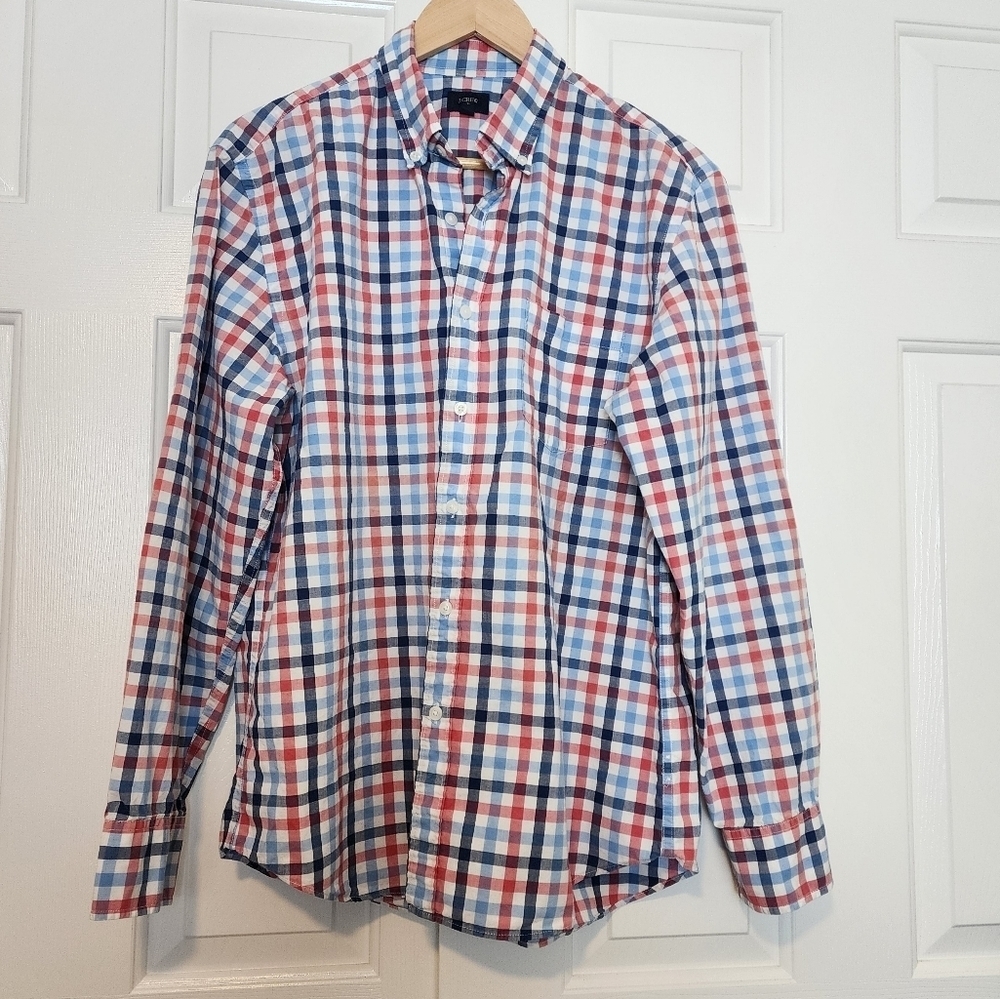 J.CREW Button Down Checked Collar Long Sleeve 100% Cotton Men's Shirt Size L